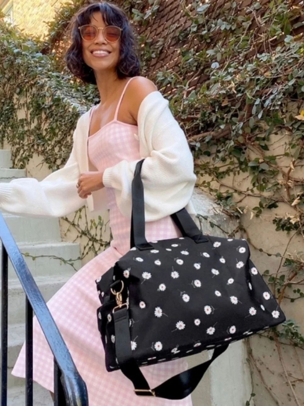 Alice + Olivia Black Daisy Print Duffel Travel Weekender Bag